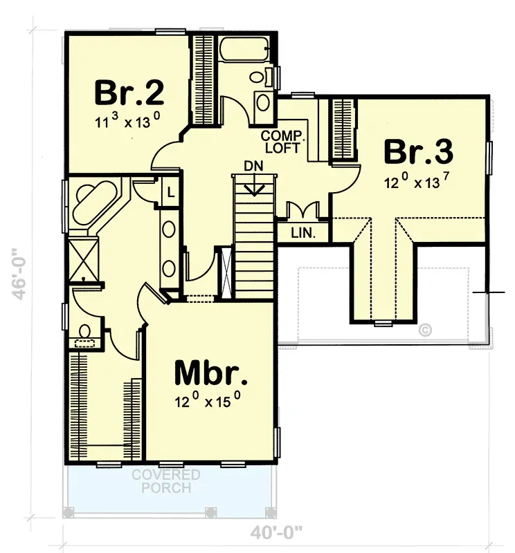 Optional second floor layout of Plan 42151DB showing enlarged secondary bedrooms, a small central loft and the same 333 square foot bonus storage area over the garage