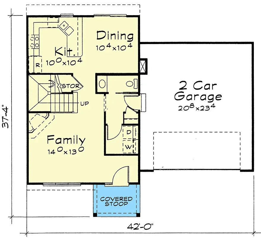 Main level floor plan of two-story home plan 40882DB showing open kitchen, dining, and family room with central island, mudroom off the two-car garage, and a powder room
