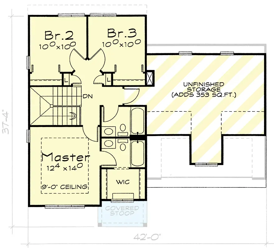 Second floor plan of plan 40882DB with master suite, walk-in closet, two secondary bedrooms sharing a hall bath, and a large unfinished bonus room over the garage