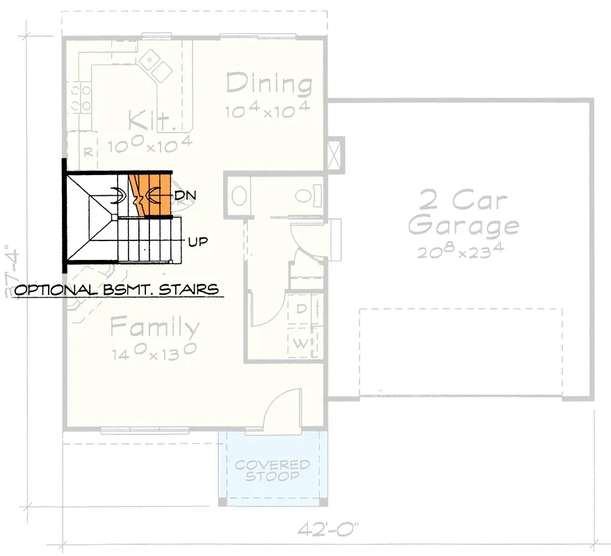 Optional basement stair layout for plan 40882DB showing how the staircase adapts the slab plan to a full basement foundation