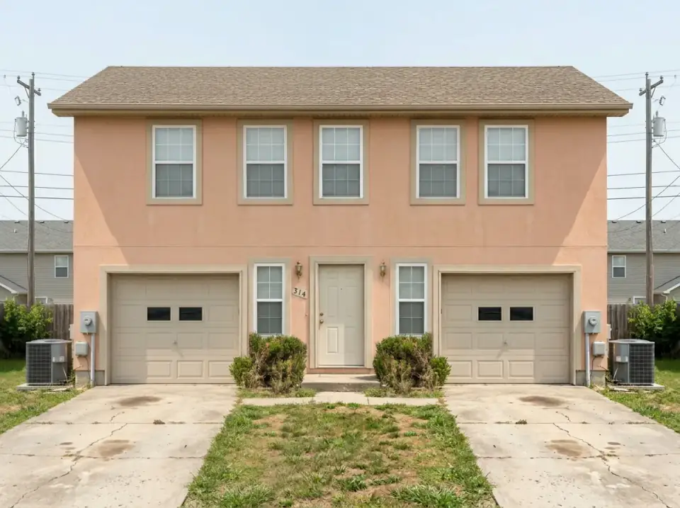 Before: Dated Peach Stucco Duplex Exterior