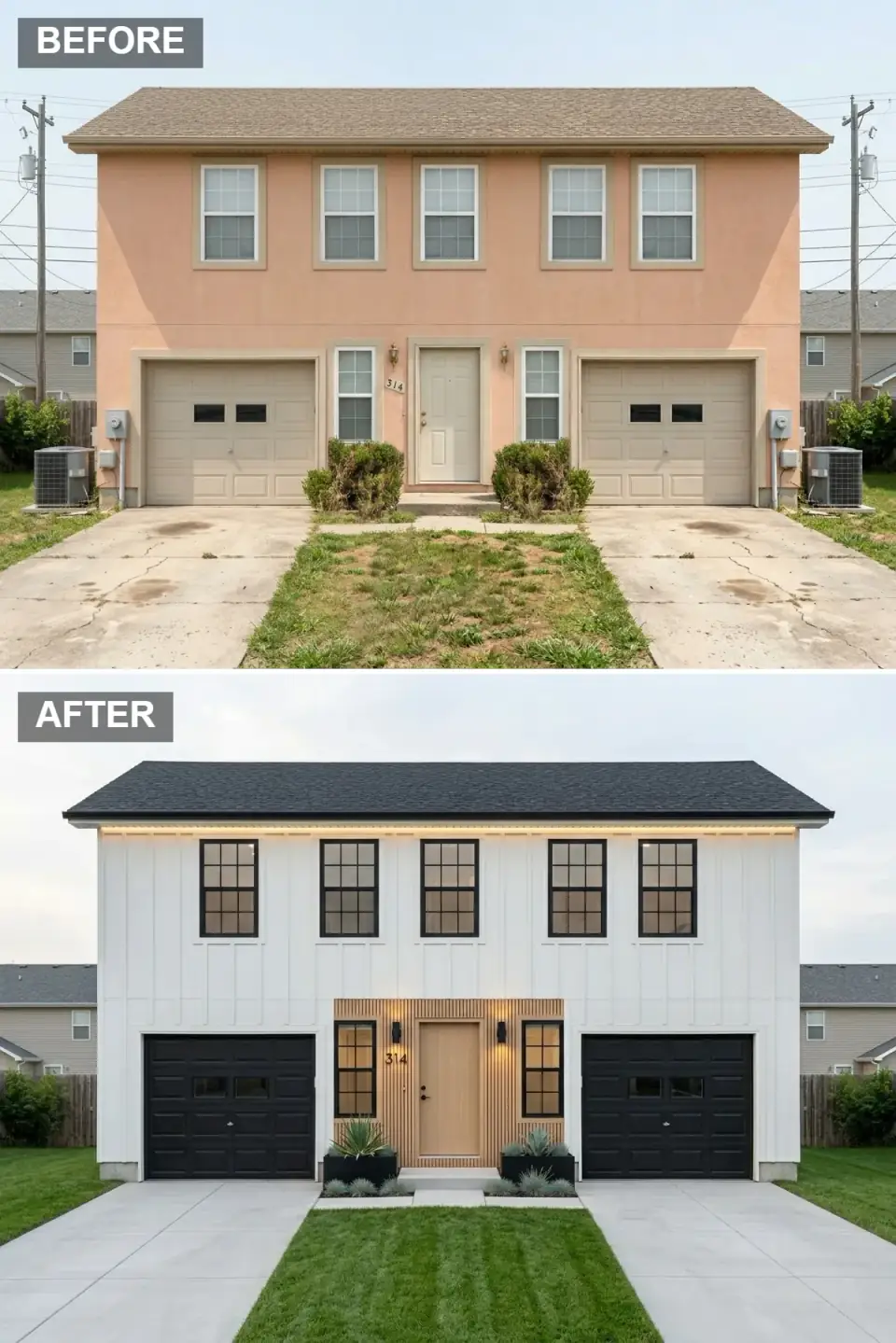 White board-and-batten duplex with black standing-seam accents, natural oak entry slat wall, black garage doors, and structured concrete driveway