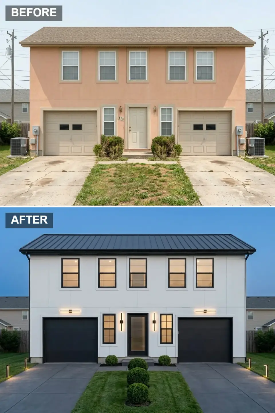 Brilliant white duplex with black standing-seam roof glowing at dusk, black flush garage doors, glass-paneled front doors, layered exterior lighting, and boxwood spheres