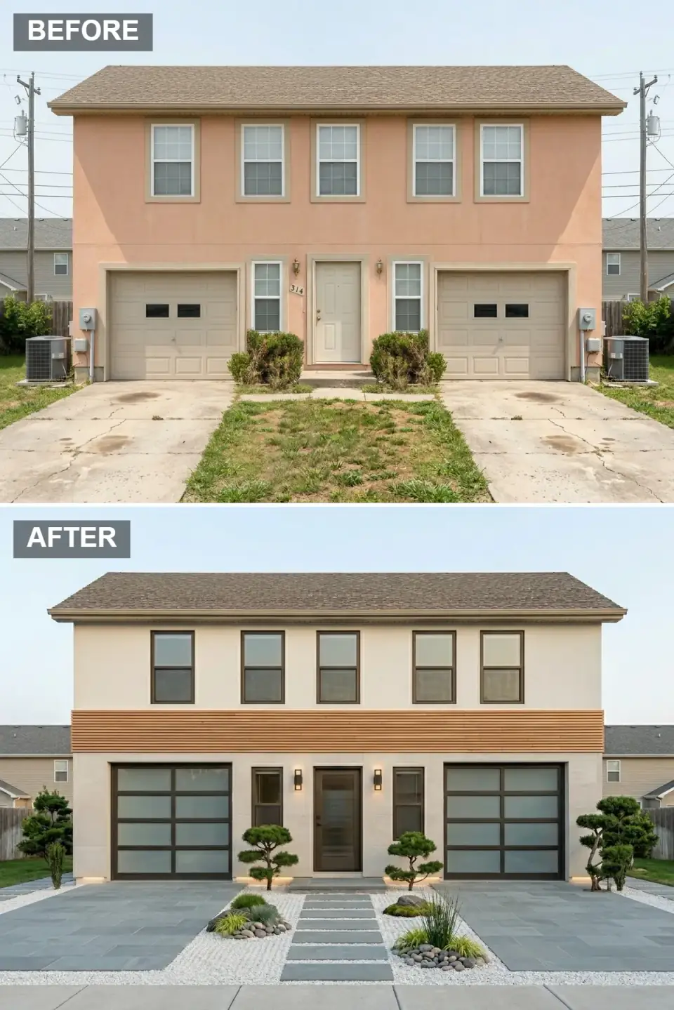 Cream stucco duplex with a horizontal cedar band, frosted-glass charcoal-framed garage doors, and a dry Japanese-inspired gravel and slate front garden