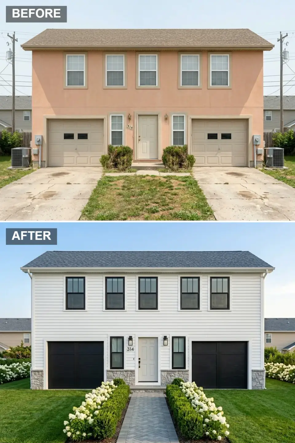 White clapboard duplex with gray shingle roof, limestone-gray stone veneer wainscot, charcoal carriage garage doors, and a herringbone brick walkway with boxwood borders