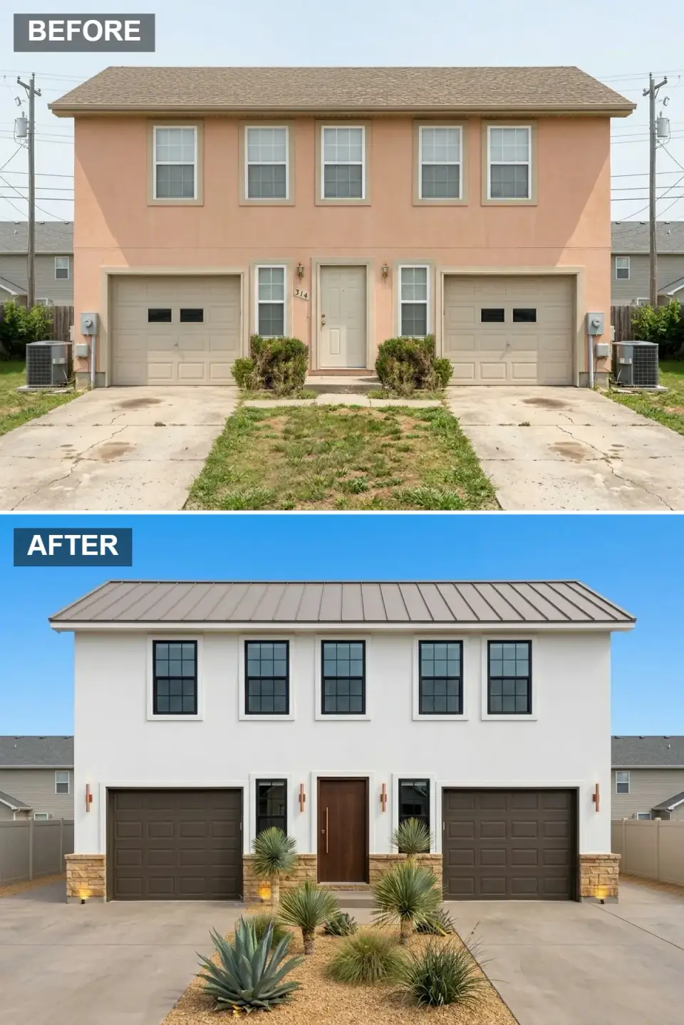 Bright white stucco duplex with tan standing-seam metal roof, earth-toned stone base, rich brown garage doors, and a xeriscaped yard of agave and ornamental grasses