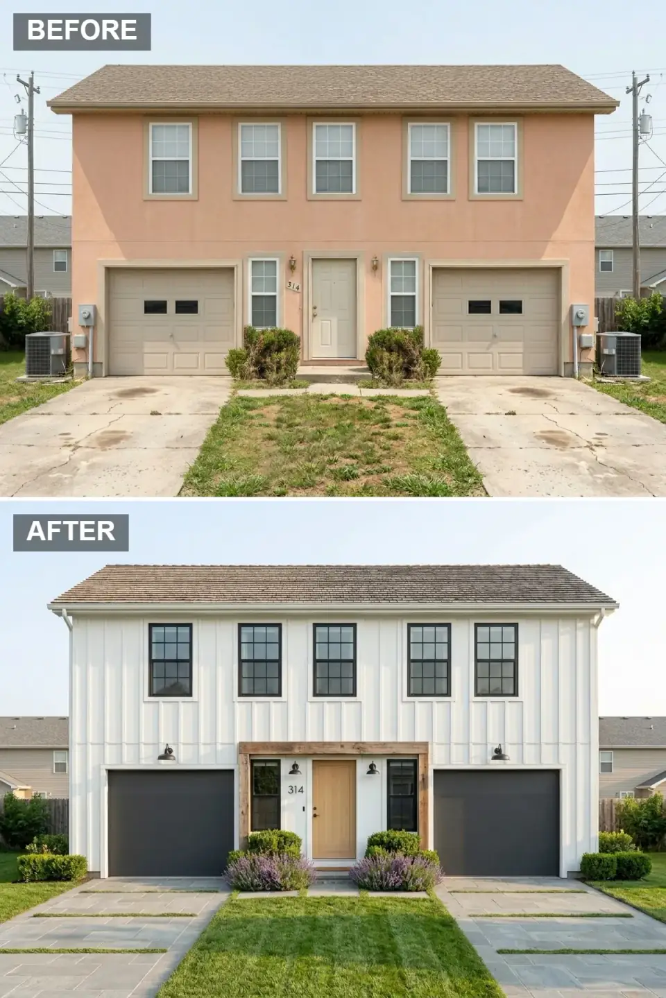 Fresh white board-and-batten duplex with brown shingle roof, reclaimed-wood entry header, slate garage doors, and a permeable bluestone-grid driveway lined with lavender