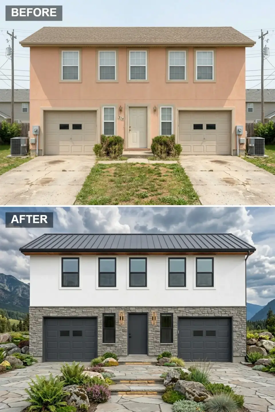 Duplex split horizontally into smooth white upper siding over a full gray fieldstone base, with a charcoal standing-seam roof and a naturalistic flagstone and fern front landscape