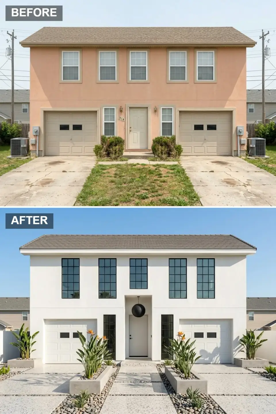 Pure white stucco duplex with tall black-framed vertical windows, flush white garage doors, a recessed entry niche with a black sphere pendant, and geometric concrete planters
