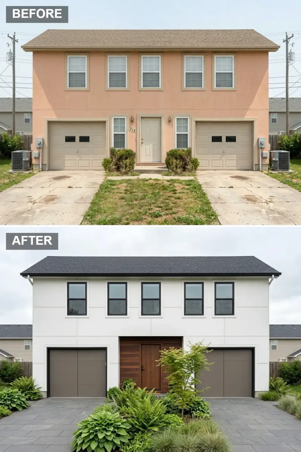 White paneled duplex with black shingle roof, muted taupe garage doors, a rich walnut entry surround, and a layered shade garden of hostas, ferns, and a Japanese maple
