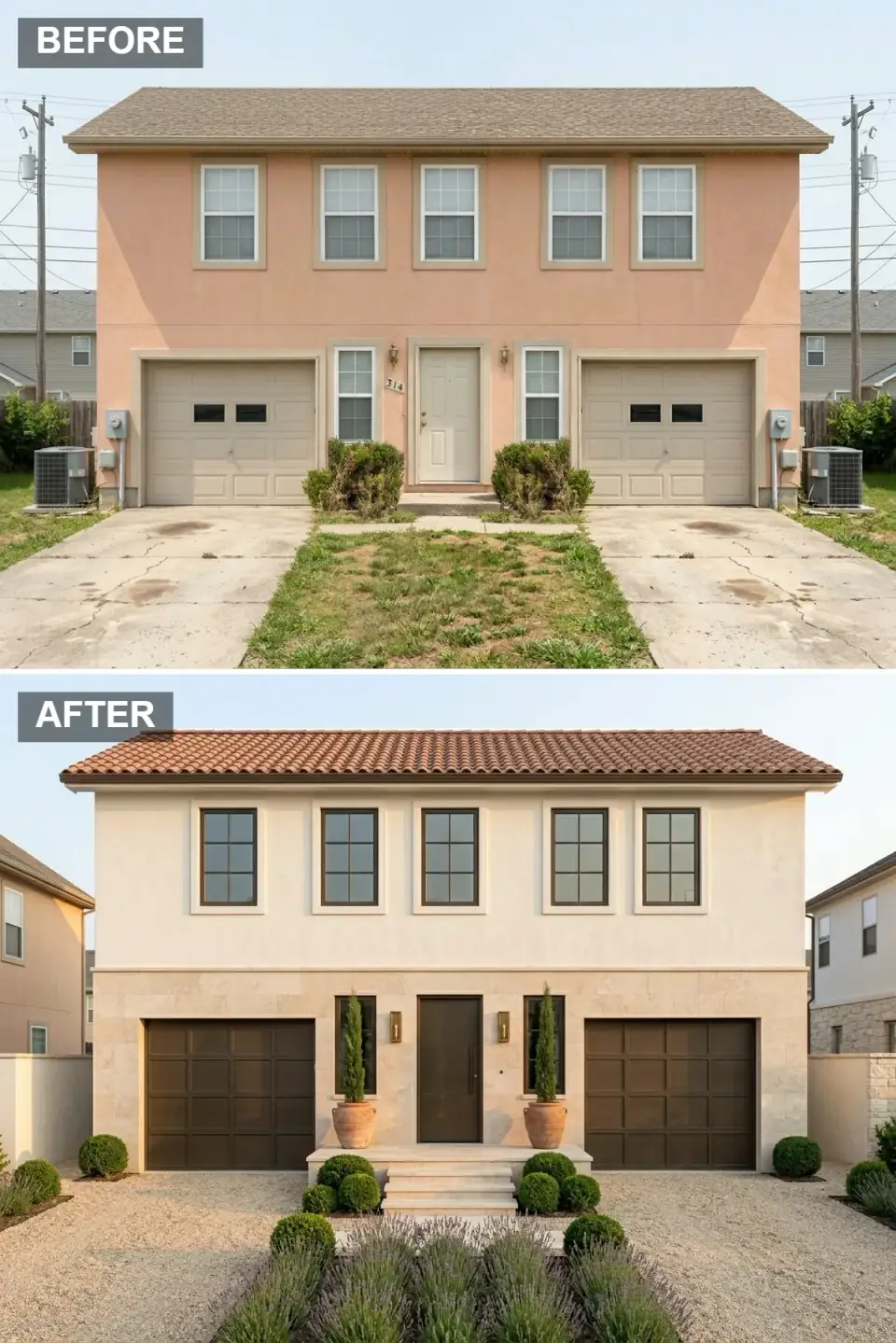 Cream stucco duplex with terracotta tile roof, full-height limestone lower cladding, espresso garage and entry doors, terracotta urns with cypress, and crushed-gravel drive