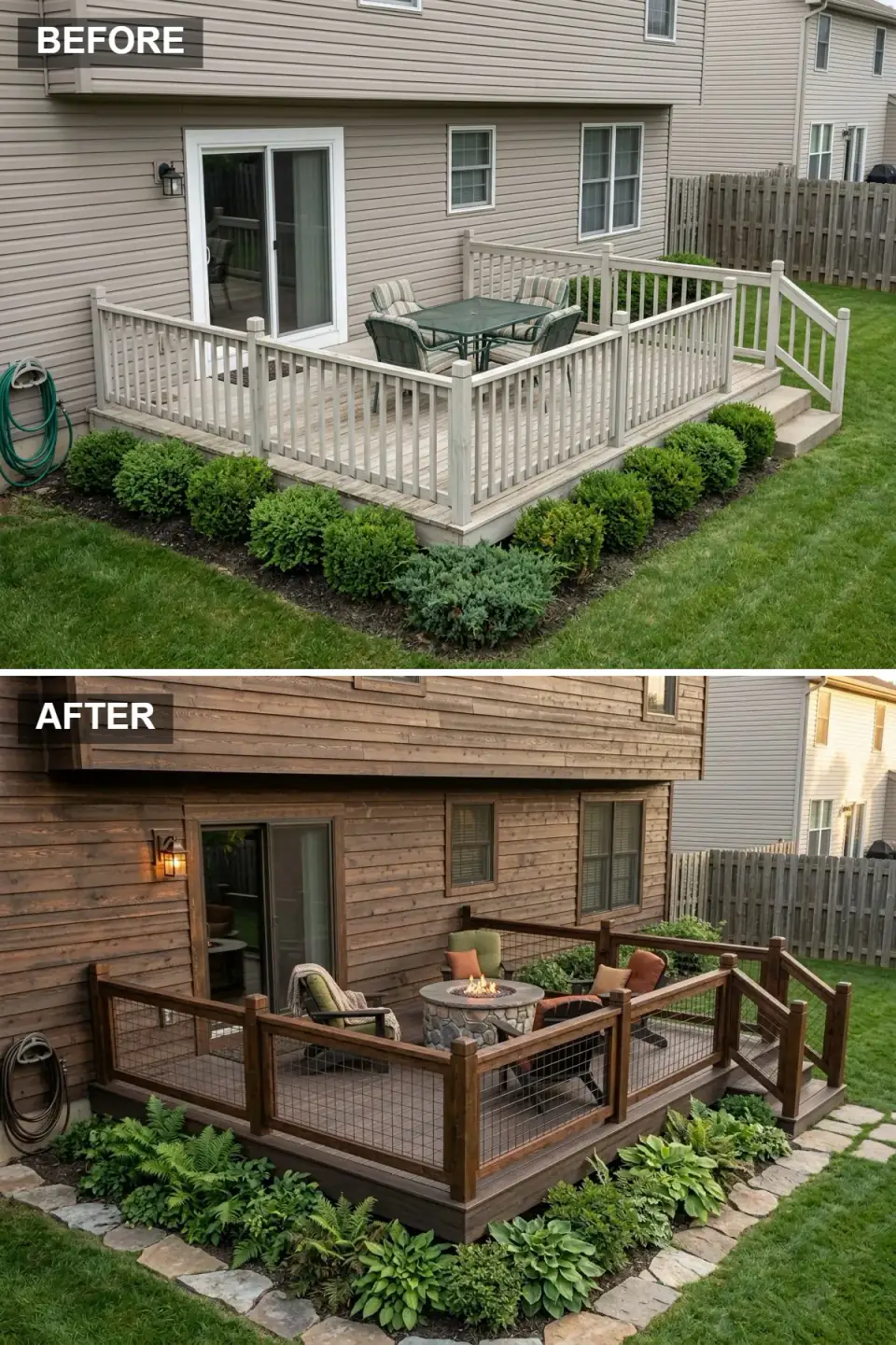 Rustic cabin-style deck with espresso wood siding, a built-in river-rock fire pit, and Adirondack chairs framed by ferns and hostas