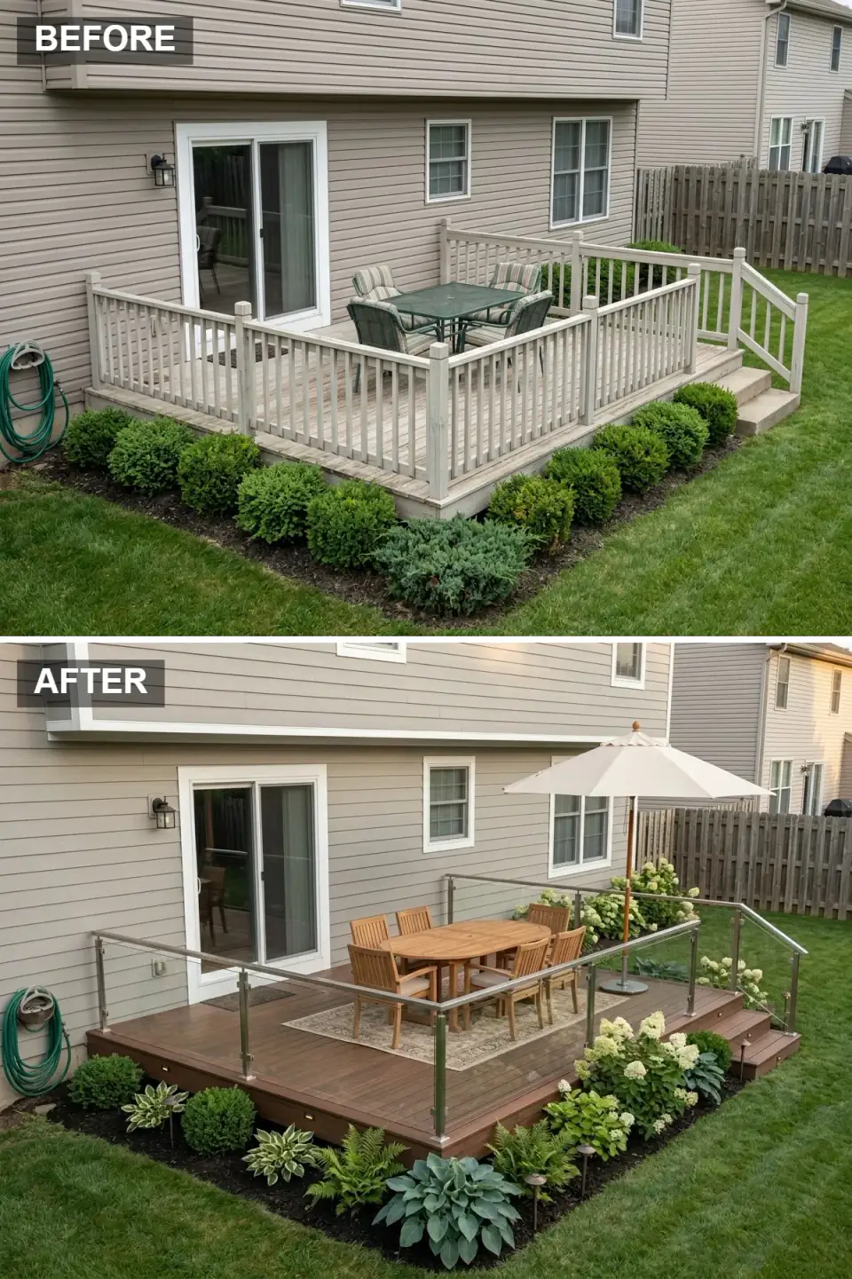 Elegant deck dining area with rich mahogany composite boards, stainless-and-glass railing, an oval teak table, and a cream umbrella amid hydrangeas
