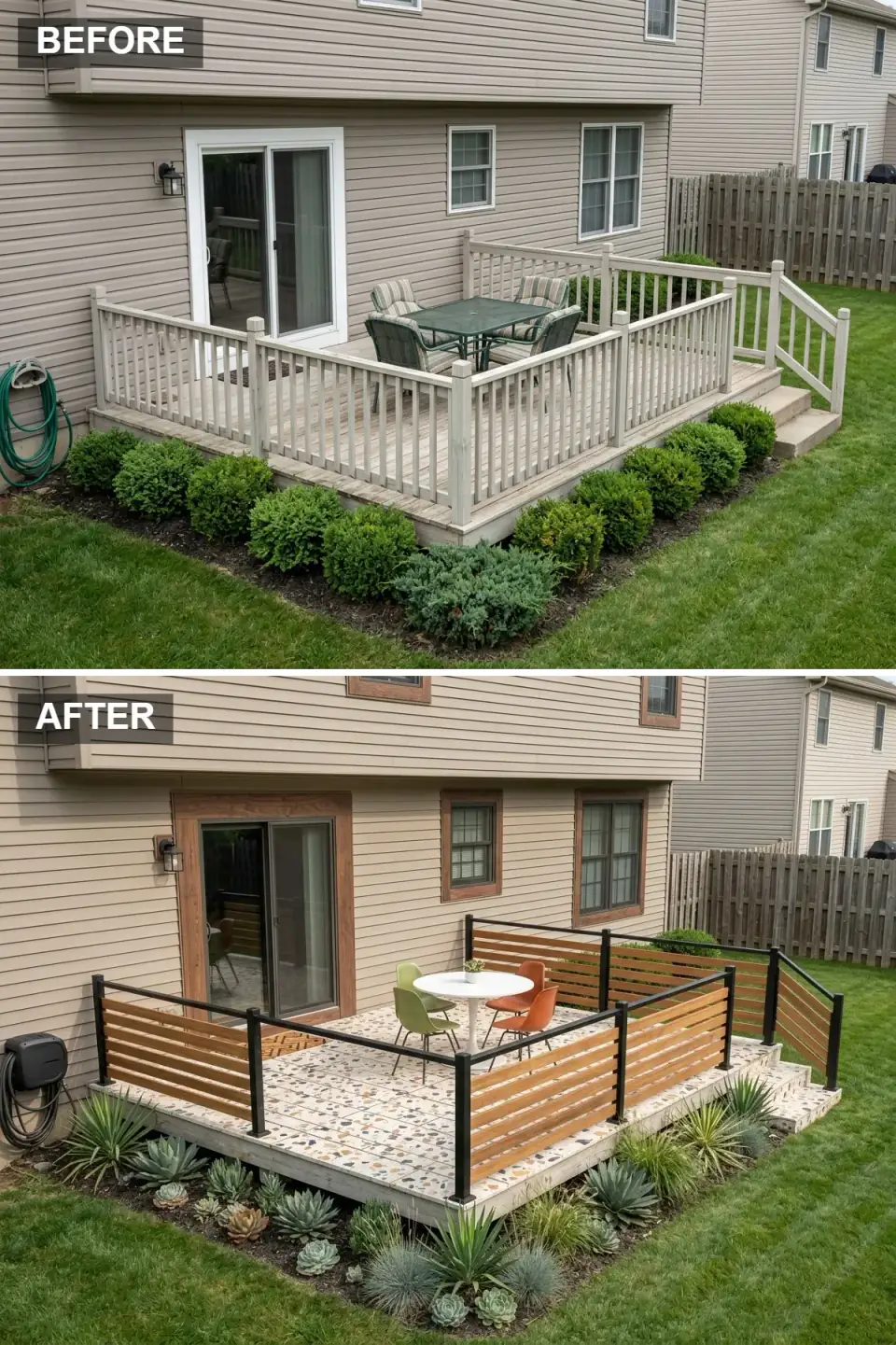Mid-century modern deck with terrazzo tile flooring, a black metal and teak slat railing, and a white tulip table with molded chairs