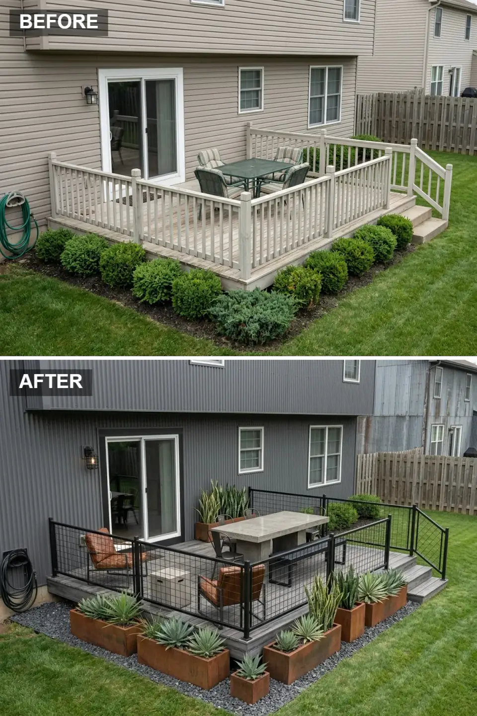 Industrial deck with charcoal corrugated metal siding, a poured-concrete dining table, black cable railing, and corten steel planters on black gravel