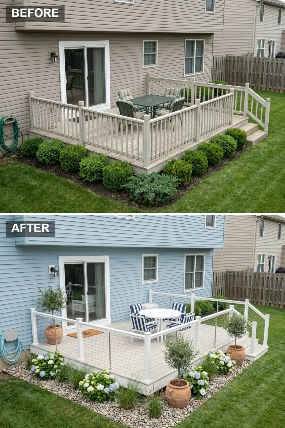Coastal deck with sky-blue siding, whitewashed composite boards, white cable railing, and a nautical blue-and-white dining set