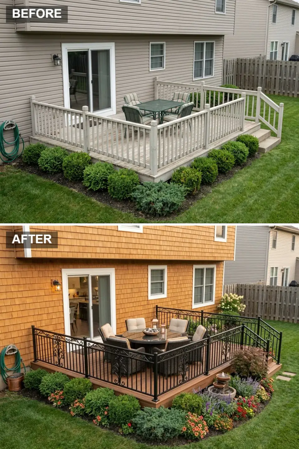 Cottage deck with cedar-shake siding, ornate black wrought-iron railing, wicker armchairs, and a tiered water fountain in a flower garden