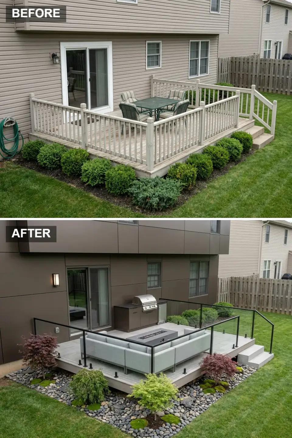 Ultra-modern Zen deck with dark bronze panels, grey porcelain tile, frameless glass railing, a built-in outdoor kitchen, and a concrete fire table