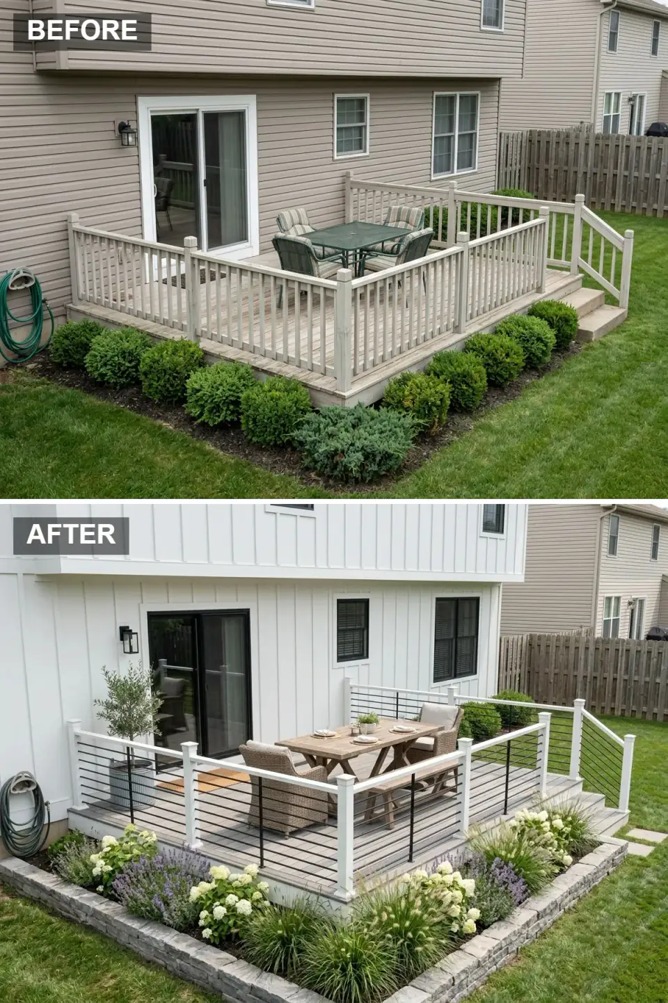Modern farmhouse deck with white board-and-batten siding, white-post and black-rod railing, and a natural teak dining table with benches