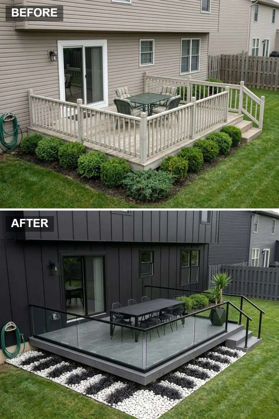 Monochrome deck with black vertical batten siding, charcoal tile, a glass-and-black railing, and a black-and-white pebble landscape