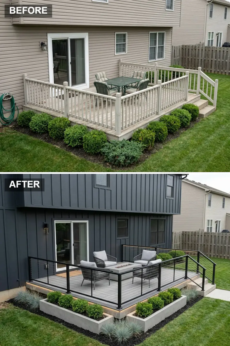 Sophisticated deck lounge with graphite siding, cable railing, a concrete fire pit, grey lounge chairs, and integrated LED strip lighting