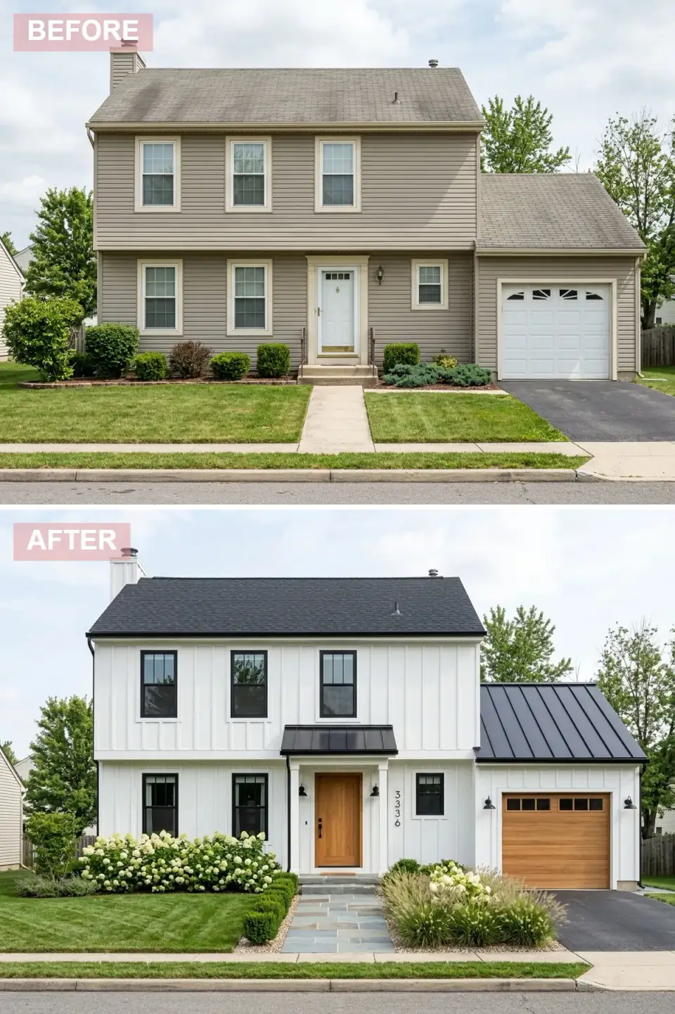 Modern farmhouse exterior renovation with crisp white board-and-batten siding replacing original beige vinyl, sleek black standing-seam metal roof, black-framed windows, warm wood front door, black metal awning over entry, wood carriage-style garage door, hydrangeas and ornamental grasses in fresh foundation planting