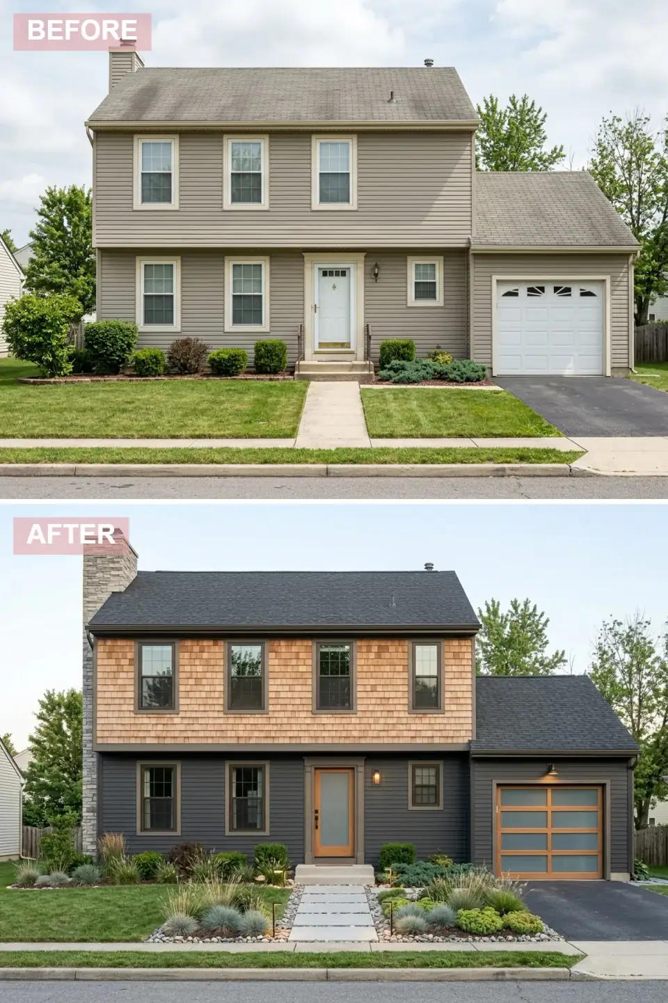 Rustic modern exterior renovation with warm cedar shake siding on upper level, dark charcoal horizontal siding on lower level and garage, stacked stone veneer chimney, dark-framed windows, modern wood and glass front door, contemporary frosted-glass garage door, xeriscape landscaping with gravel pavers and drought-tolerant plantings
