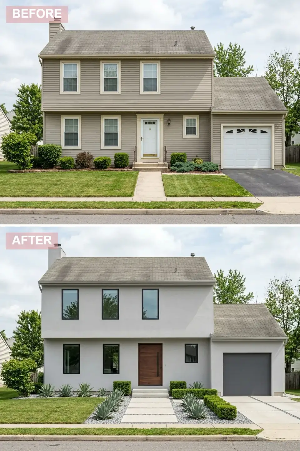 Contemporary minimalist exterior renovation with smooth light gray stucco finish replacing original siding, large frameless-look black-framed windows, oversized dark walnut wood pivot front door, sleek flat-panel matching gray garage door, minimalist landscape design with concrete pavers gravel and architectural agave plantings