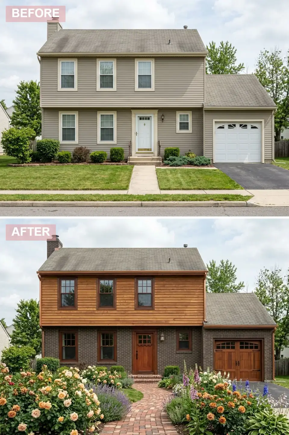 Craftsman style exterior renovation with dark brown brick veneer on first floor, warm stained horizontal wood siding on second floor, copper gutters and downspouts, multi-pane wood windows, Craftsman wood front door with dentil shelf, wooden carriage house garage door, brick pathway through cottage garden with roses and lavender
