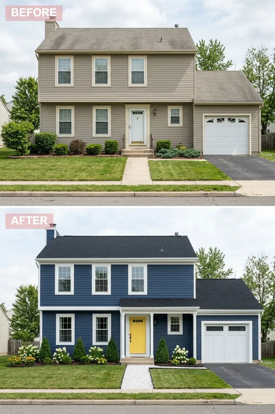 Classic colonial style exterior renovation with deep navy blue horizontal lap siding, crisp white trim around windows and door, sunny yellow painted front door as focal point, white carriage house style garage door with windows, charcoal black architectural shingle roof, manicured boxwoods and white hydrangeas with white gravel walkway