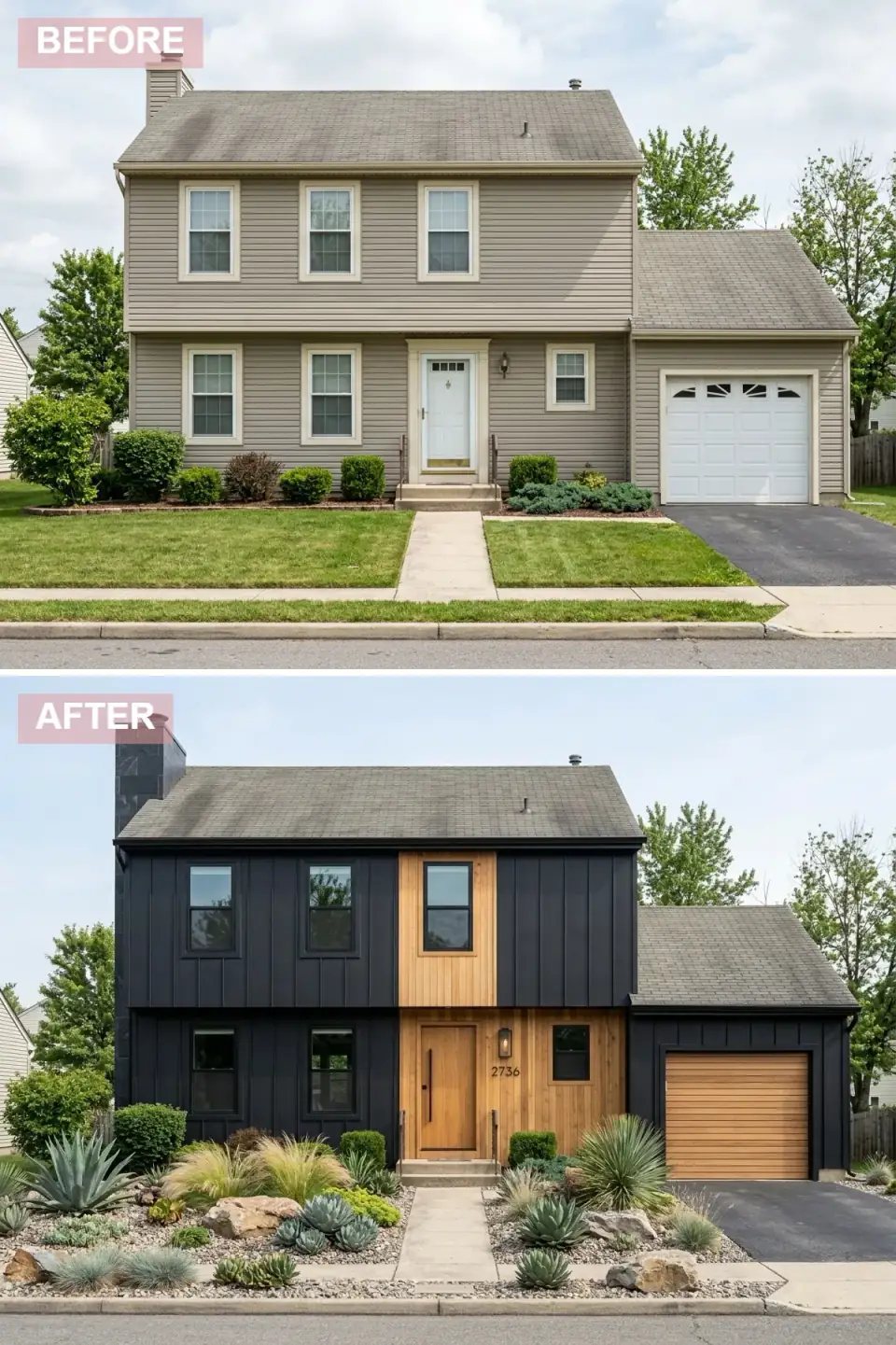 Modern industrial exterior renovation with black vertical metal siding covering majority of facade, central vertical natural wood siding accent section, dark slate stone clad chimney, black modern windows, large modern wood front door, horizontal wood slat garage door, xeriscape landscaping with large rocks gravel and architectural plants