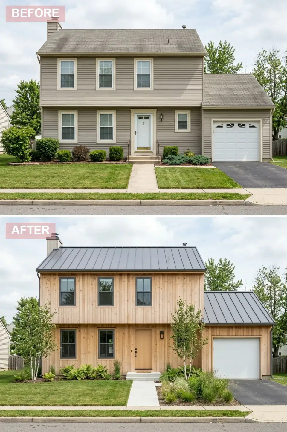 Scandinavian exterior renovation with entire facade re-clad in light natural vertical wood siding, dark gray standing-seam metal roof, black-framed windows, simple light wood front door, clean white flat panel garage door, naturalistic landscaping with birch trees ferns and ornamental grasses