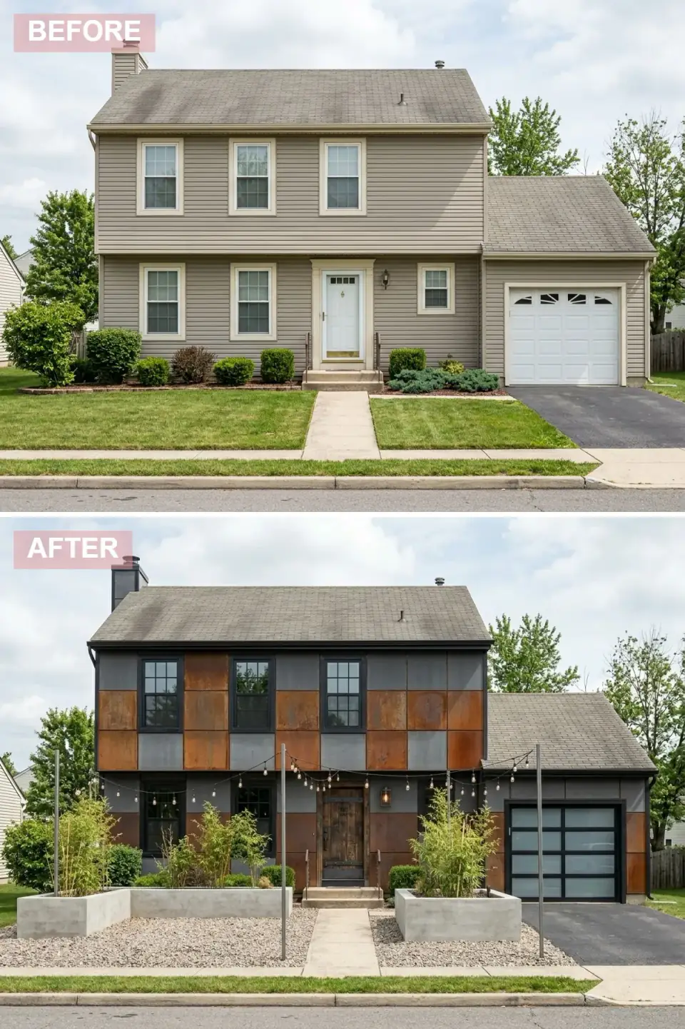 Industrial exterior renovation with patchwork facade of weathered Corten steel panels and dark gray fiber cement siding, black-framed windows, rustic reclaimed wood front door, modern aluminum and frosted glass garage door, string lights over concrete patio area with large concrete planters and bamboo plantings