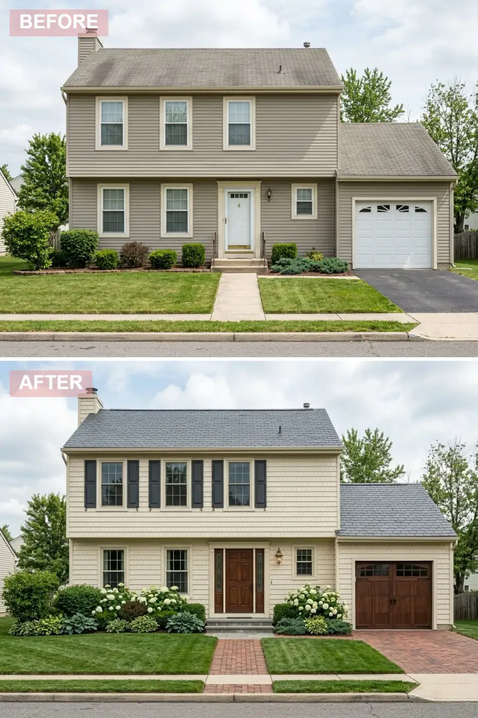 Classic shingle style exterior renovation with beige cedar shake siding wrapping entire facade, black operable shutters on all windows, new architectural shingle roof, dark wood front door with sidelights, dark wood carriage house garage door, lush classic landscaping with hydrangeas hostas and red brick paver driveway and walkway