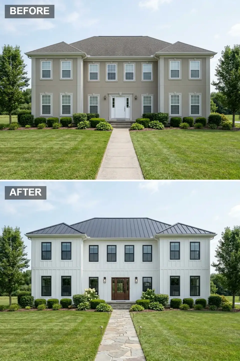 Modern farmhouse two-story exterior with crisp white James Hardie board-and-batten siding, black PAC-CLAD standing-seam metal roof, black-framed Marvin Essential windows, warm medium-oak craftsman entry door, Pennsylvania bluestone flagstone path bordered by white Annabelle hydrangeas and Calamagrostis grasses