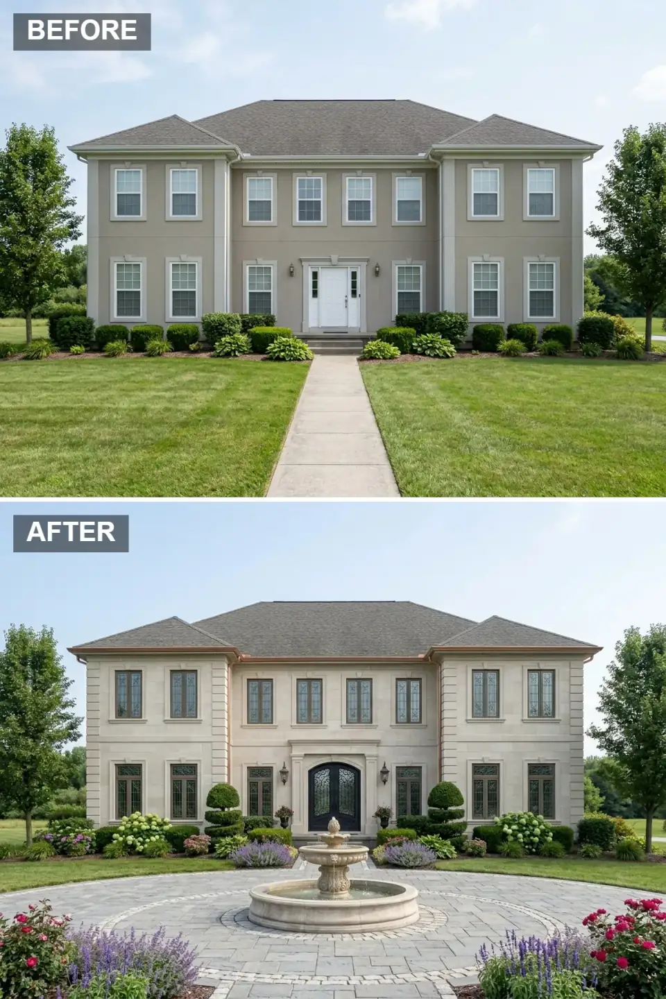 Grand Neoclassical estate exterior with full Indiana limestone block facade, leaded-glass windows with carved stone surrounds, magnificent arched double iron and glass entry doors, dark slate roof with 16-ounce copper gutters, large cobblestone circular driveway and plaza, carved stone fountain, formal boxwood topiary and symmetrical garden beds