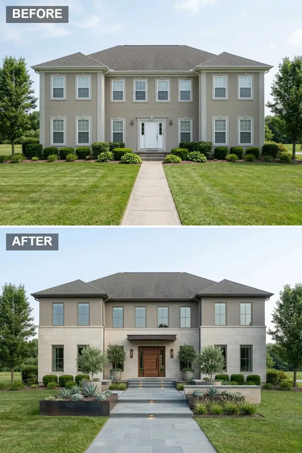 Contemporary desert-inspired exterior with smooth taupe three-coat stucco upper, textured limestone veneer lower, metal portico with integrated WAC linear LED, large modern walnut pivot entry door, bronze-framed Marvin Modern windows, oversized bluestone pavers and steps, architectural Cor-Ten steel planters with olive trees and Agave parryi