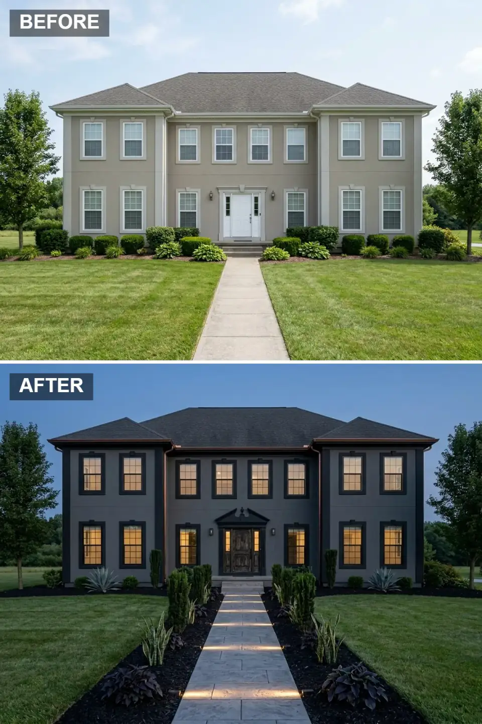 Dramatic moody Craftsman exterior with deep charcoal gray three-coat stucco, jet black trim and pediment, dark architectural shingle roof, 16-ounce copper gutters and downspouts, black-framed Marvin Modern windows, ornate dark walnut entry door, structured snake plant and Agave landscape with concrete paver walkway and integrated step lights