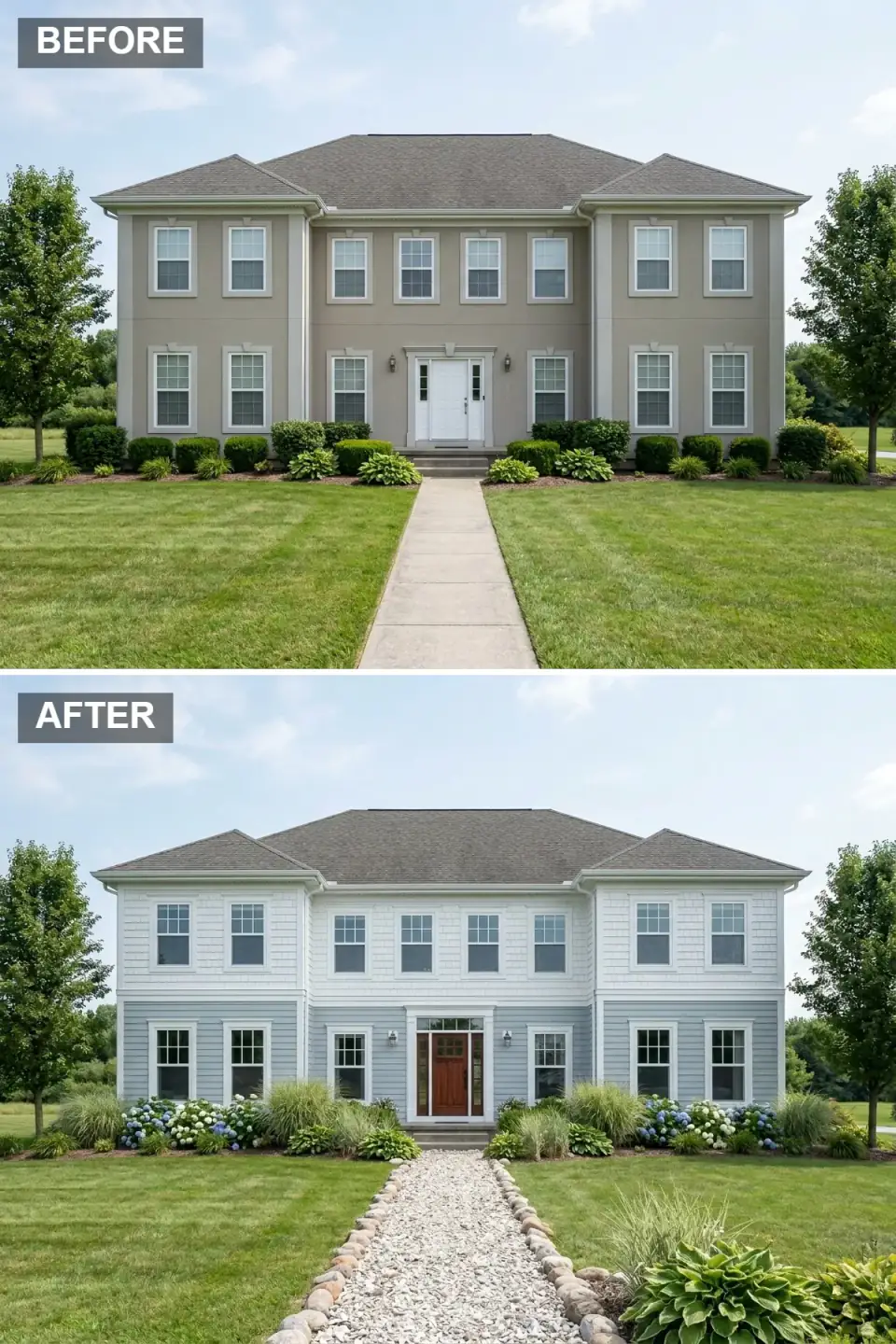 Classic coastal exterior with white Maibec cedar shake siding on the second floor, light blue James Hardie horizontal lap siding on the first floor, crisp white trim band, light gray DaVinci composite shingle roof, white-framed double-hung windows, warm wood entry door, crushed shell and stone path with white Annabelle hydrangeas and ornamental grasses