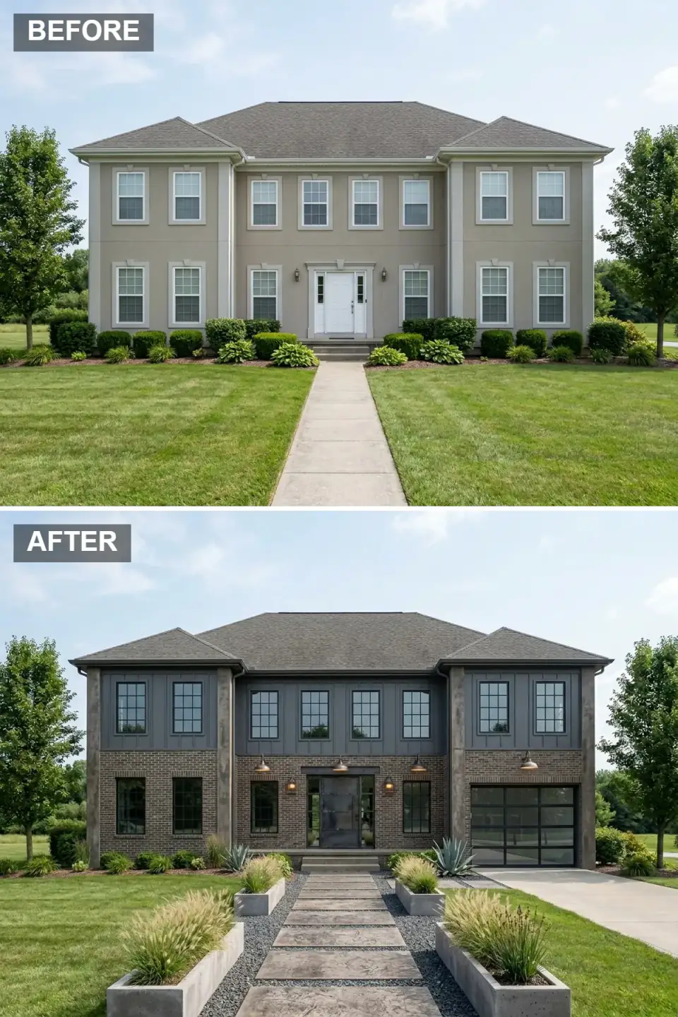 Industrial modern exterior with dark charcoal Glen-Gery brick on the main level, vertical Drexel Metals dark metal siding on the second level, board-formed concrete corner pillars, black Krieger steel-look windows, metal-and-glass pivot entry door, glass-panel garage door, gooseneck barn lights, large concrete paver walkway with gravel infill, and ornamental grasses in concrete planters