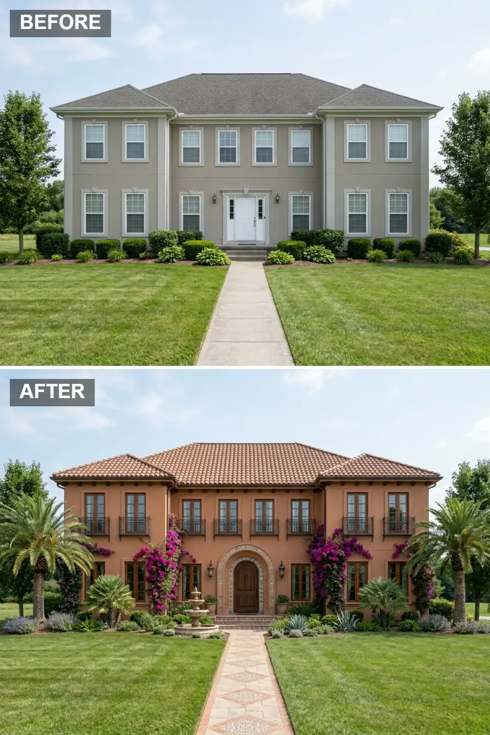 Mediterranean villa exterior with warm terracotta three-coat stucco, red clay barrel tile roof, wood-framed windows with ornate wrought-iron Juliet balconies, magnificent arched walnut entry door with Spanish decorative tile surround, patterned encaustic tile walkway, stone fountain, palm trees, lavender beds and climbing bougainvillea