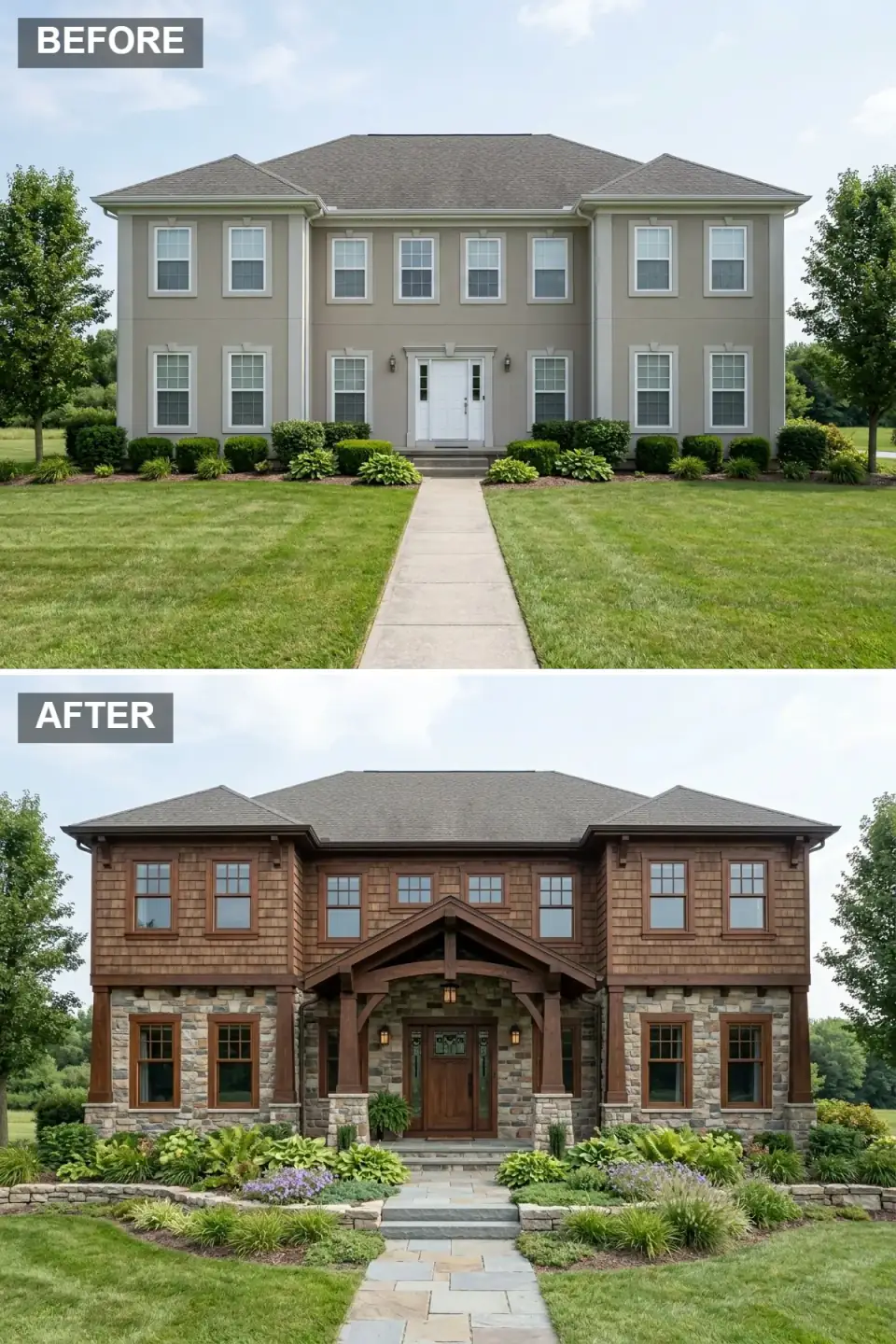 Rustic Craftsman lodge exterior with Maibec cedar shake siding on the upper level, stacked Hudson Valley fieldstone veneer on the lower level, grand timber portico with exposed truss detail, craftsman-style wood entry door, bronze Marvin window frames, brown architectural asphalt shingle roof, winding flagstone path, naturalistic landscape with hostas, ferns and stacked-stone retaining walls