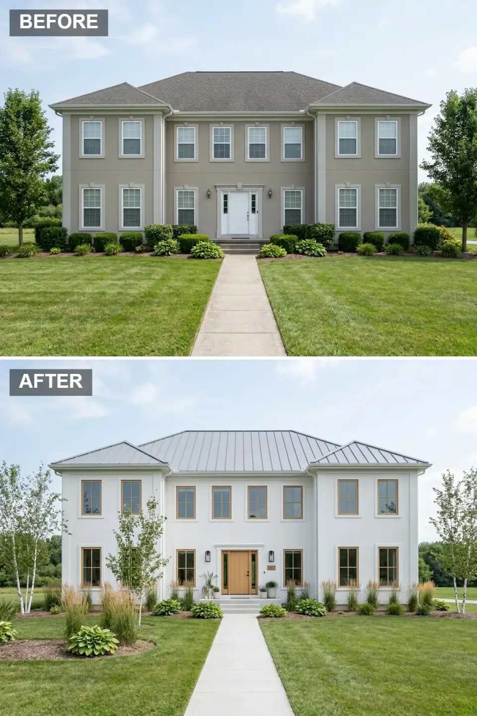 Minimalist Scandinavian farmhouse exterior with smooth white three-coat stucco, light gray PAC-CLAD standing-seam metal roof, light oak Marvin Modern wood-framed windows, light oak flat-panel entry door, broom-finish concrete walkway, columnar Betula nigra river birch trees, Calamagrostis grasses and Hosta Halcyon