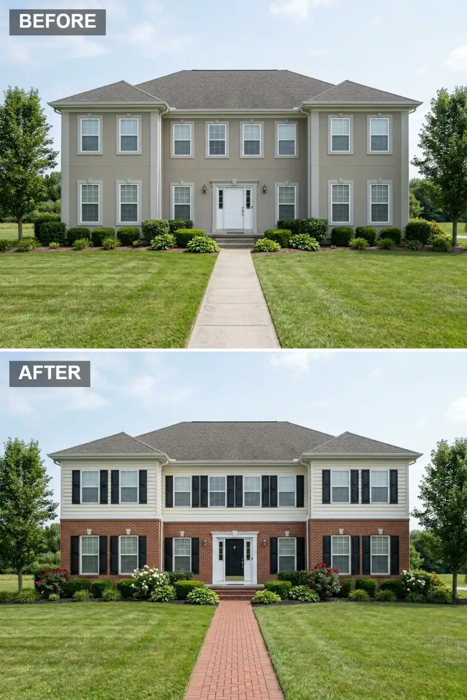 Traditional Colonial Revival exterior with classic red Glen-Gery brick on the first floor, beige James Hardie horizontal lap siding on the second floor, white-trimmed pilasters and pediment around entry, white Andersen 400 Series double-hung windows with black louvered shutters, glossy black panel front door, traditional red brick herringbone walkway with formal boxwood and rose plantings