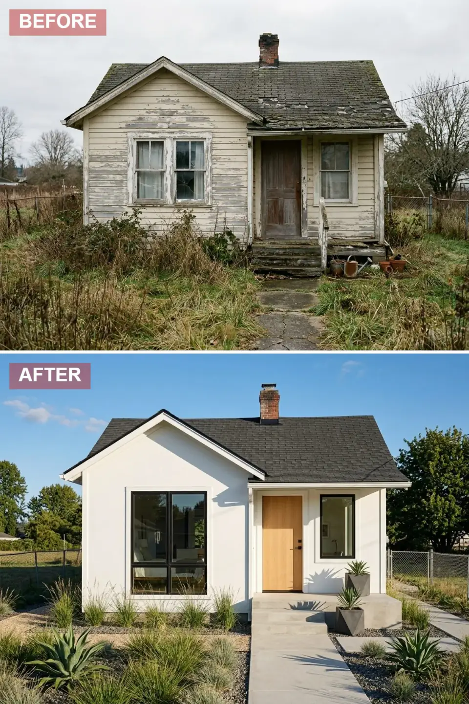 Small cottage reborn as a modern minimalist home with smooth white stucco, large black-framed windows, clean concrete steps, a light oak slab door, and a drought-resistant gravel and agave landscape