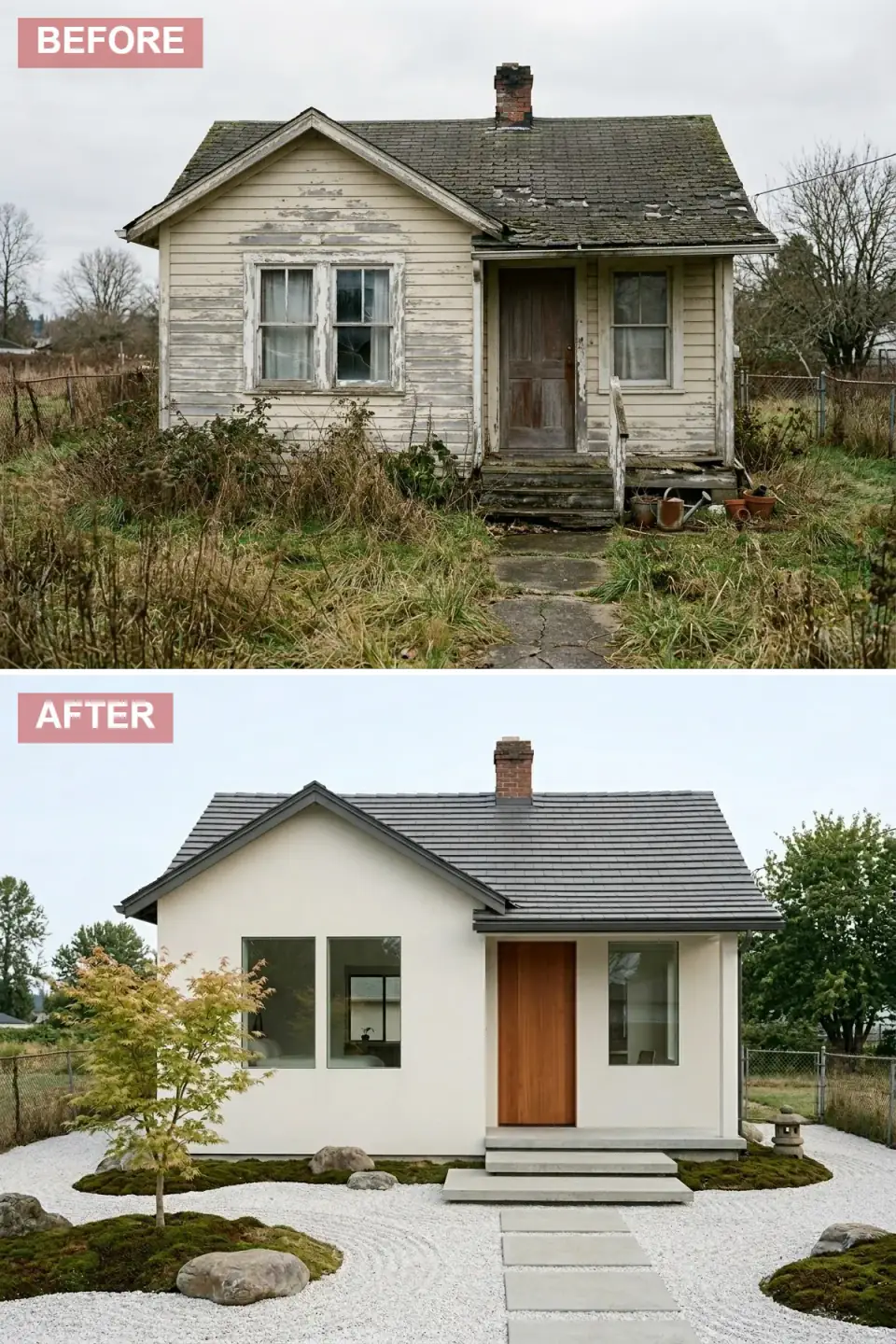 Cottage finished in smooth cream stucco with a charcoal tiled roof, large frameless-look windows, a teak slab door, and floating concrete steps crossing a raked gravel Zen garden with rocks, moss, and a Japanese maple