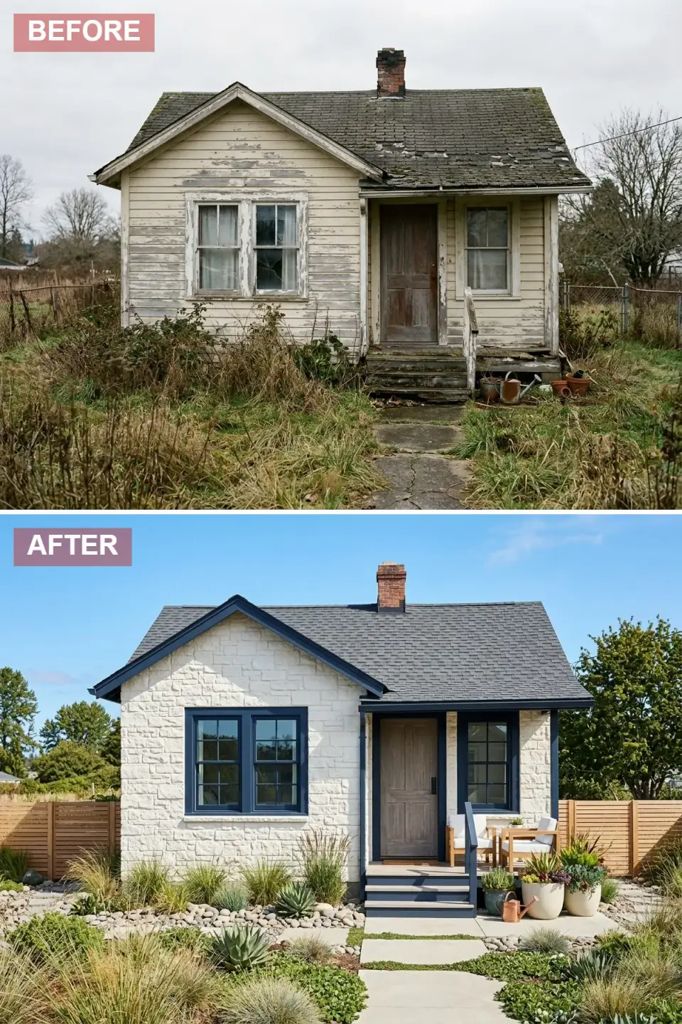Cottage clad in white stacked stone veneer with deep navy window trim, a rustic wood door, a small front patio with seating, and a horizontal wood fence framed by lush potted plants
