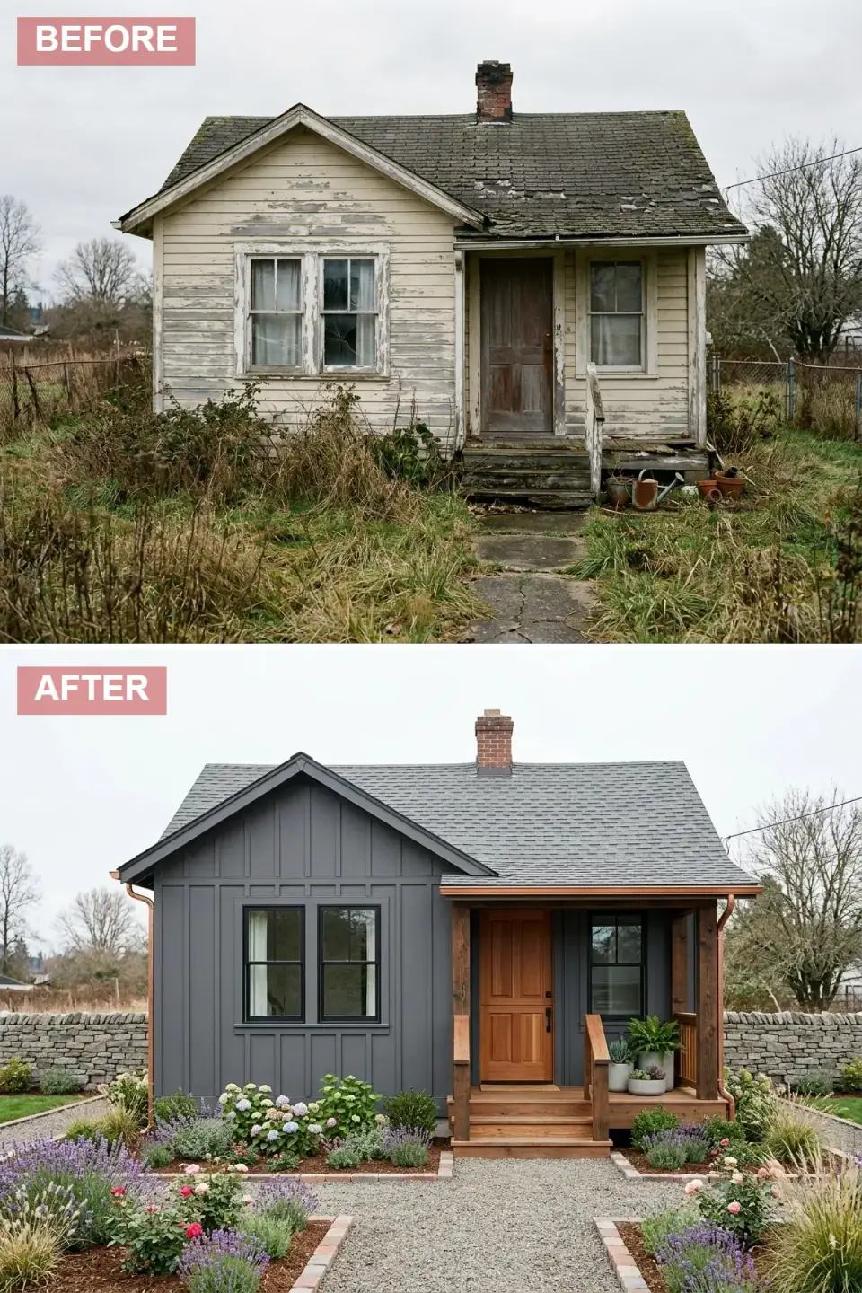 Cottage transformed into a dark gray board-and-batten modern farmhouse with natural wood porch columns and door, aged copper gutters, and a structured cottage garden with a brick-edged gravel path