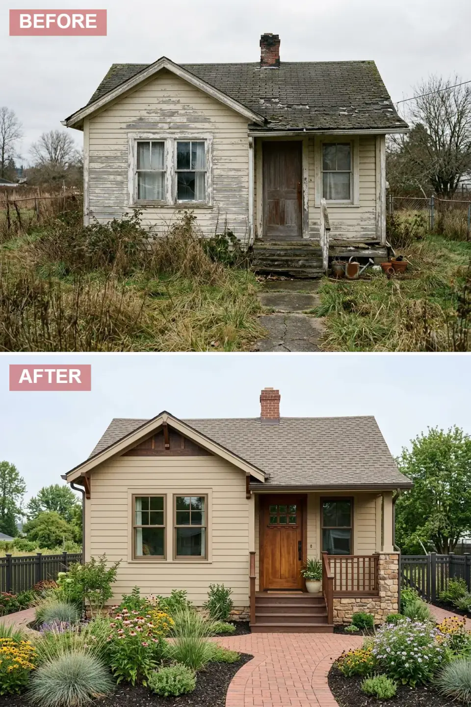 Cottage restyled as a Craftsman bungalow with tan horizontal siding, dark wood gable accents, stone veneer on the foundation and porch column bases, a Craftsman wood door, and a winding brick path through a perennial garden