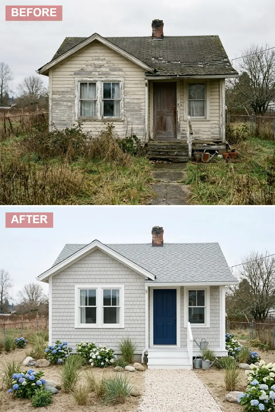Cottage clad in light gray cedar shakes with crisp white trim, a vibrant cobalt blue front door, white wood steps and railing, and a coastal landscape of dune grasses, hydrangeas, and river stones